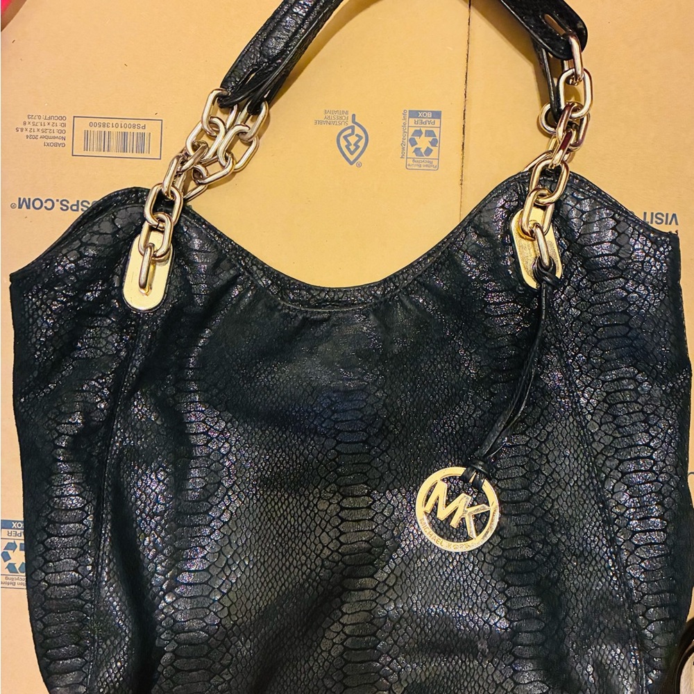 Michael Kors Python Embossed Shiny Black and Gold… - image 3